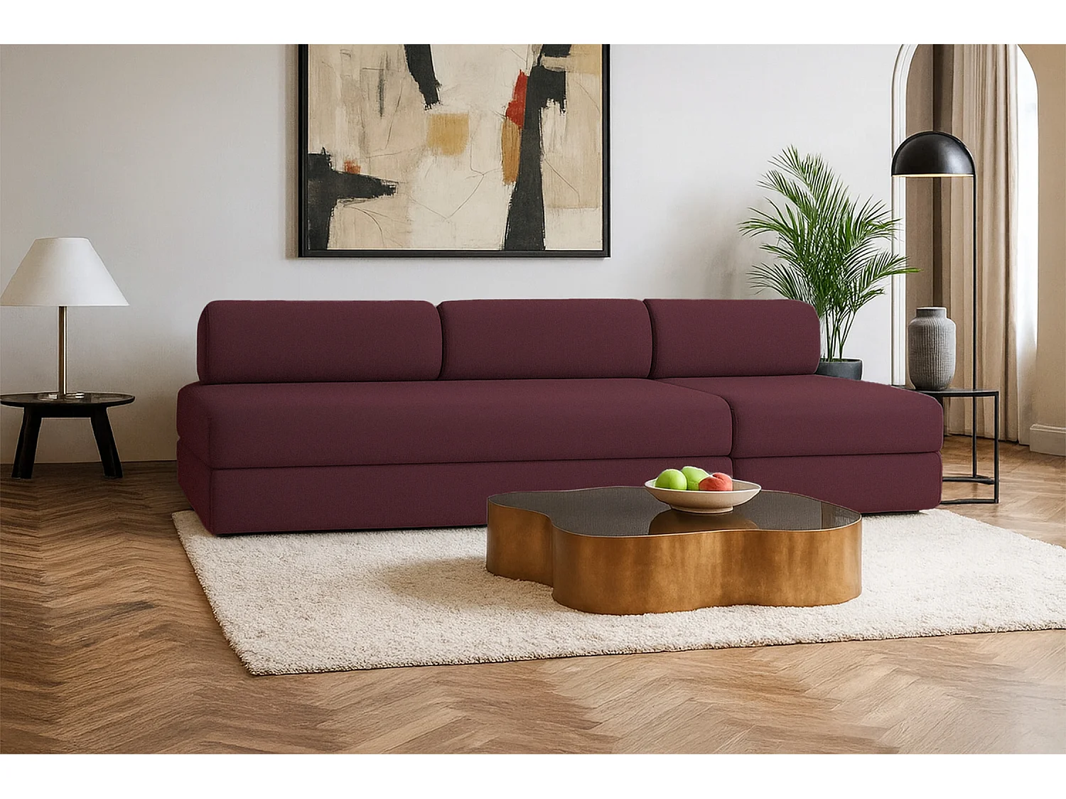 Canapé droit modulable et convertible 4 places - Tissu lisse - Rouge