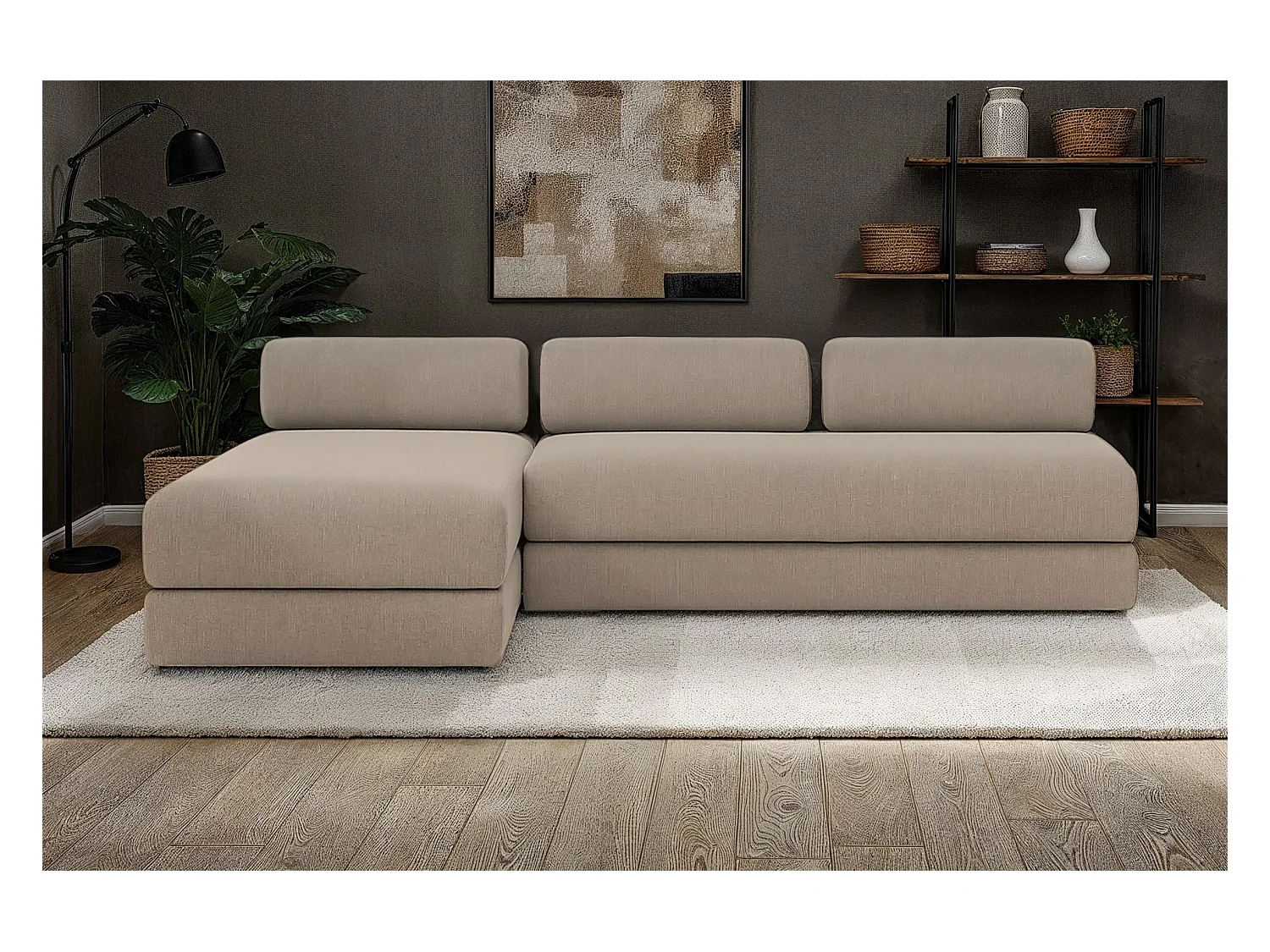 Canapé d'angle modulable et convertible 6 places - Tissu lisse - Taupe