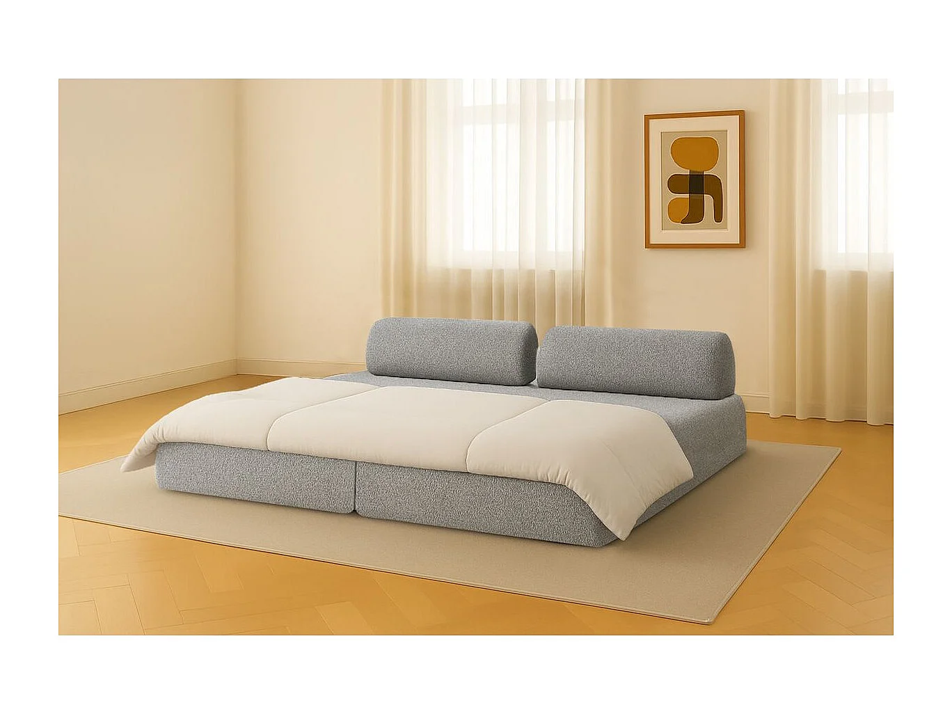 Canapé droit modulable et convertible 3 places - Tissu tweed - Gris