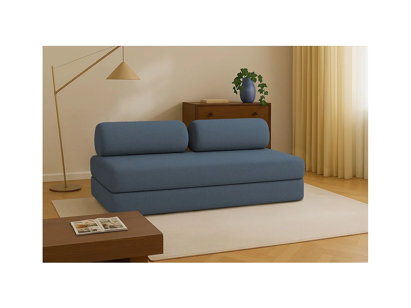 Canapé droit modulable et convertible 3 places - Tissu lisse - Bleu