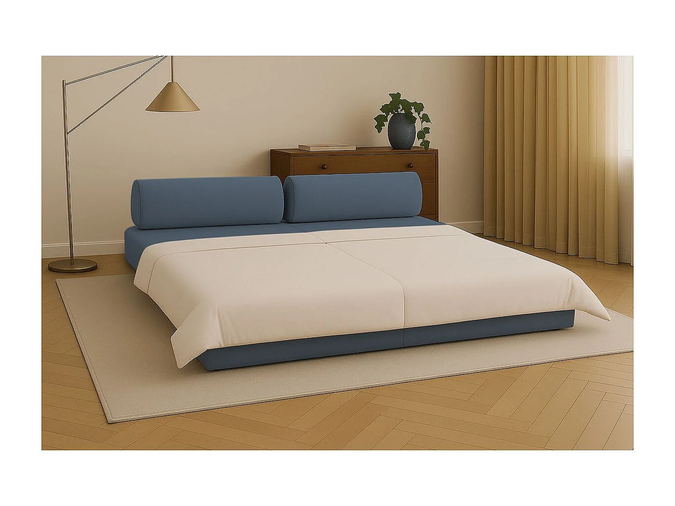Canapé droit modulable et convertible 3 places - Tissu lisse - Bleu