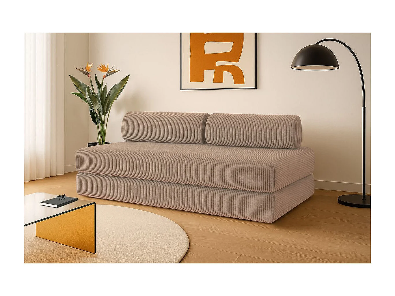 Canapé droit modulable et convertible 3 places - Velours côtelé - Taupe