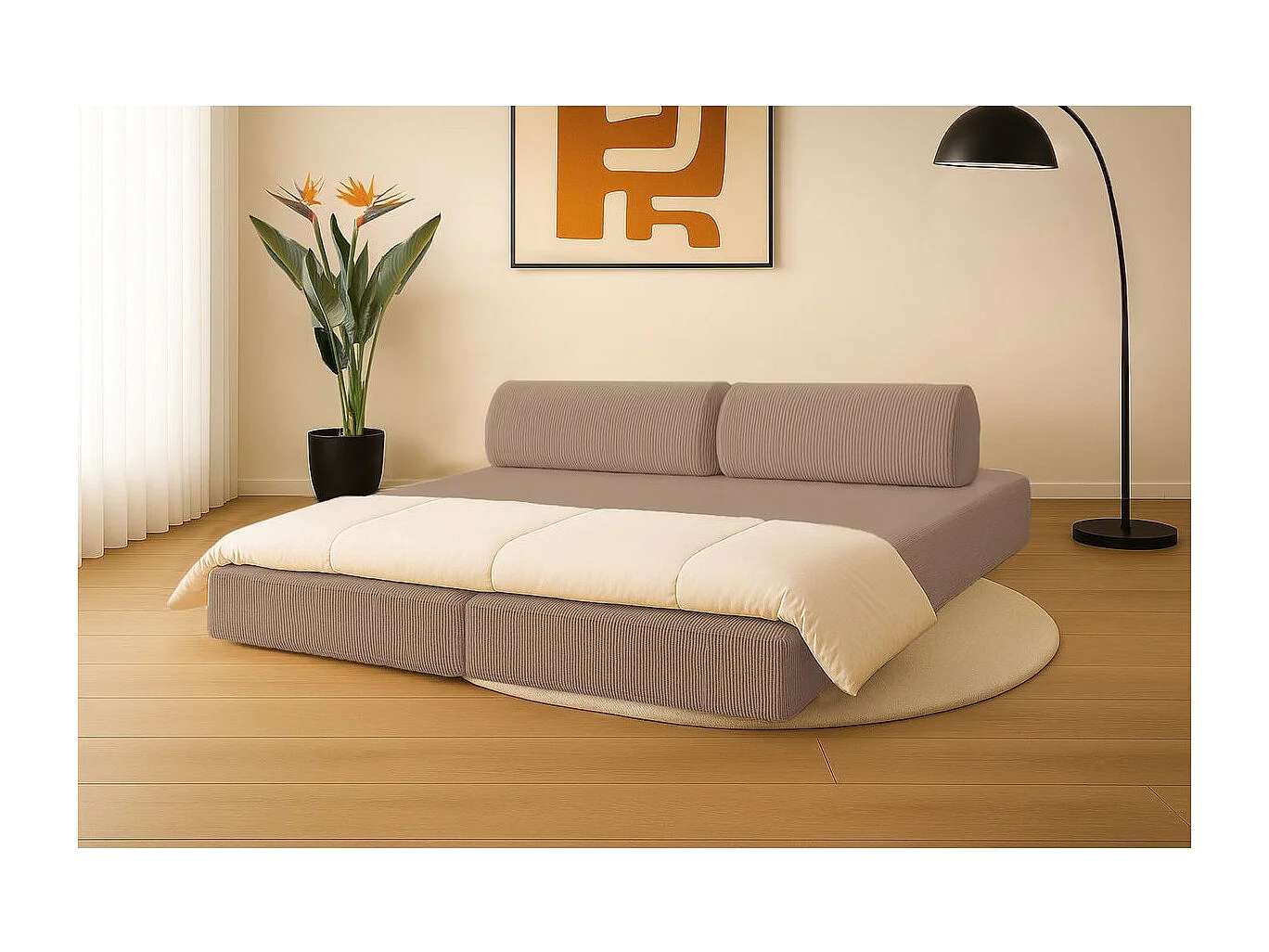 Canapé droit modulable et convertible 3 places - Velours côtelé - Taupe