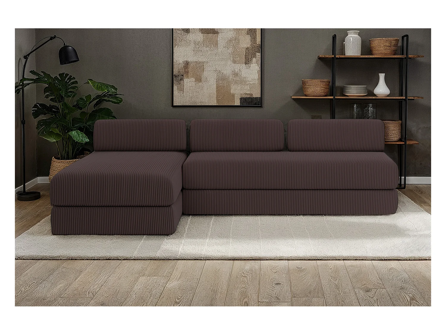 Canapé droit modulable et convertible 6 places - Velours côtelé - Marron