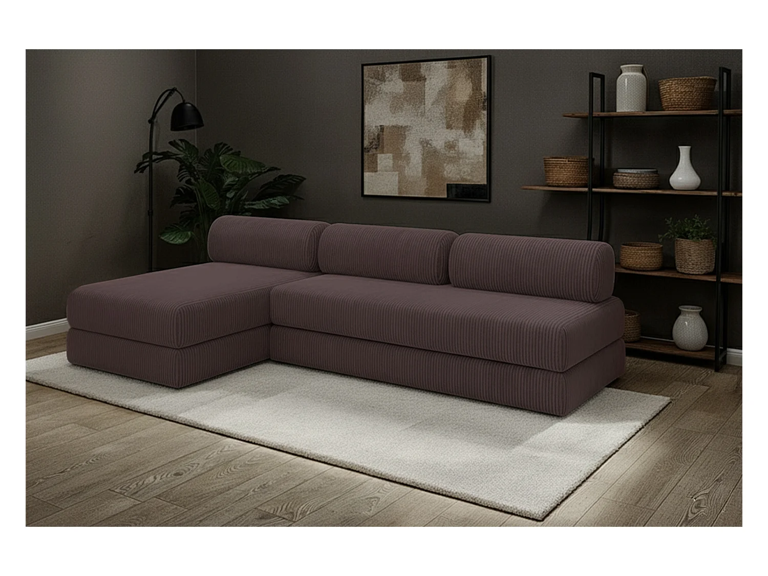 Canapé droit modulable et convertible 6 places - Velours côtelé - Marron