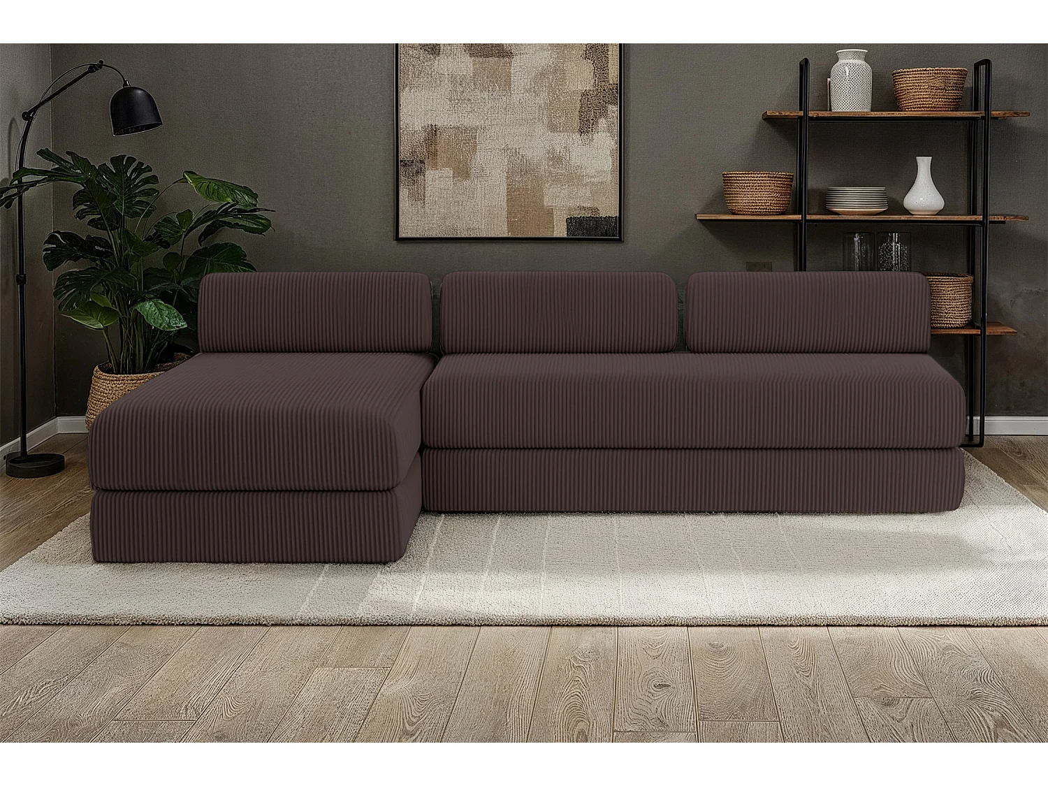 Canapé droit modulable et convertible 6 places - Velours côtelé - Marron