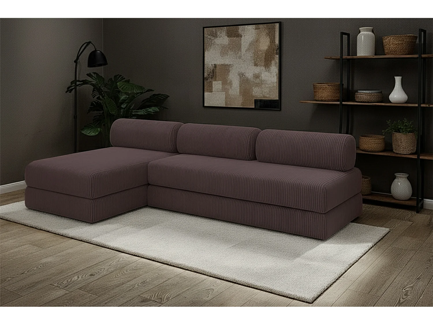 Canapé droit modulable et convertible 6 places - Velours côtelé - Marron