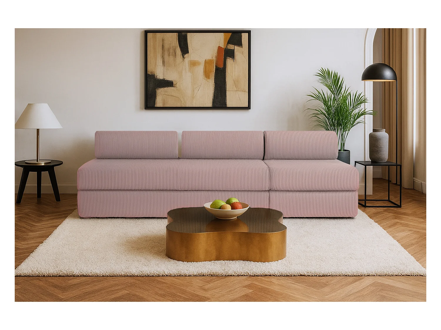 Canapé droit modulable et convertible 4 places - Velours côtelé - Rose pâle