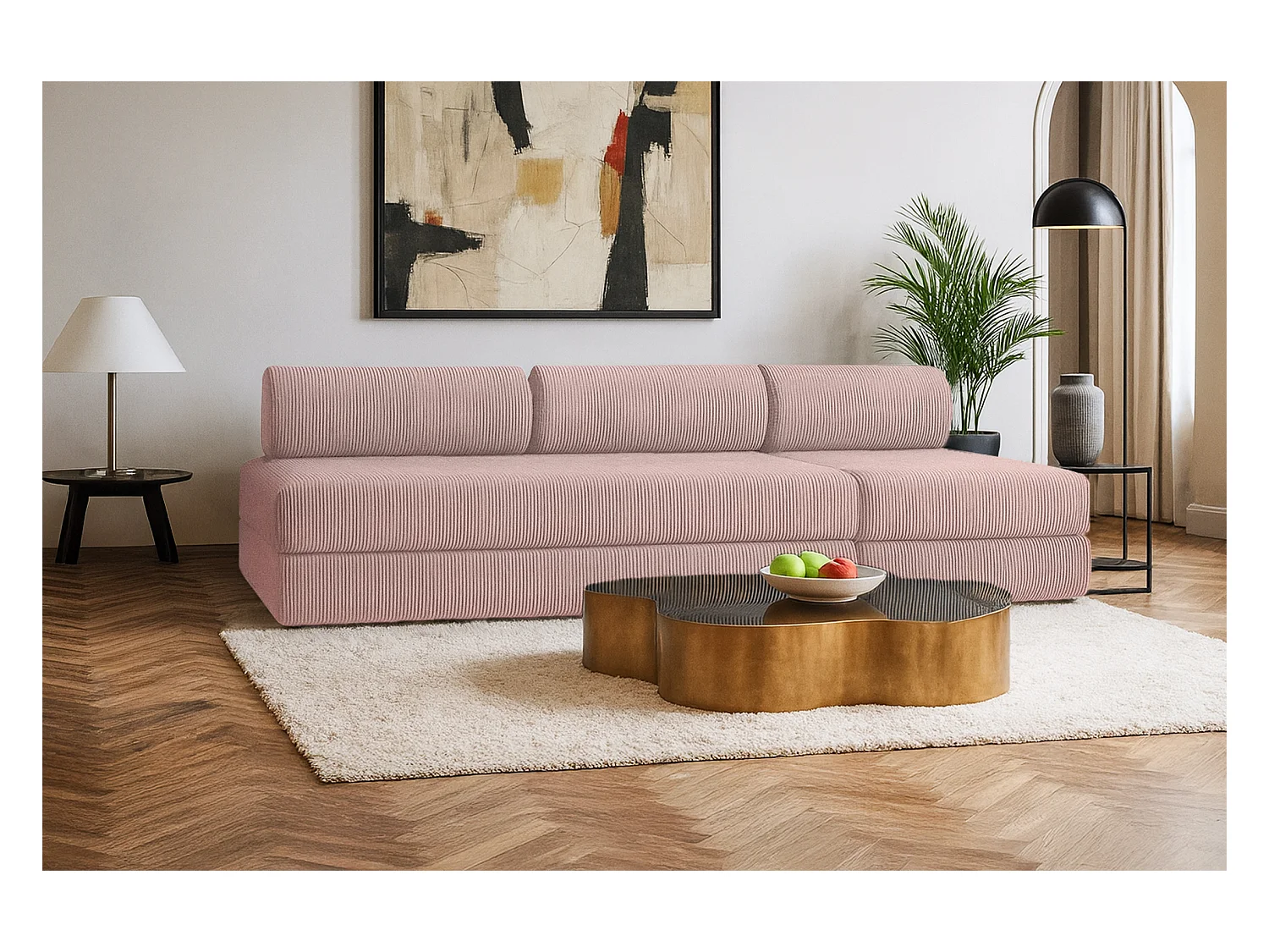 Canapé droit modulable et convertible 4 places - Velours côtelé - Rose pâle