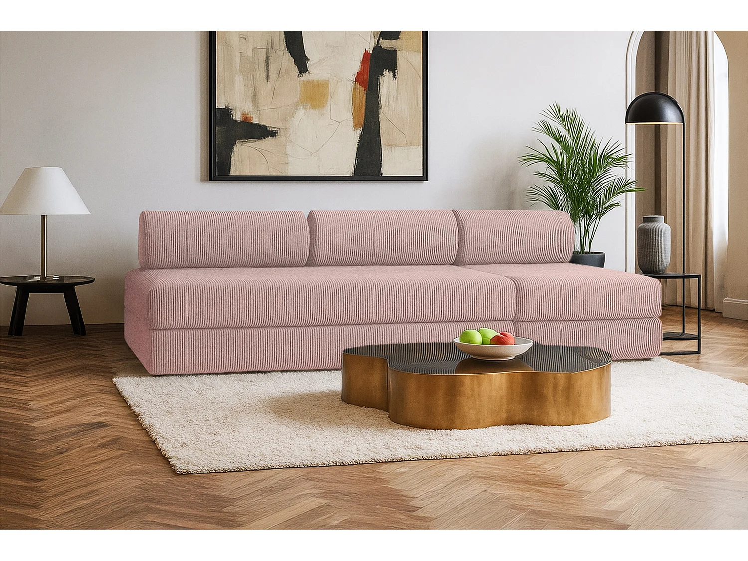 Canapé droit modulable et convertible 4 places - Velours côtelé - Rose pâle