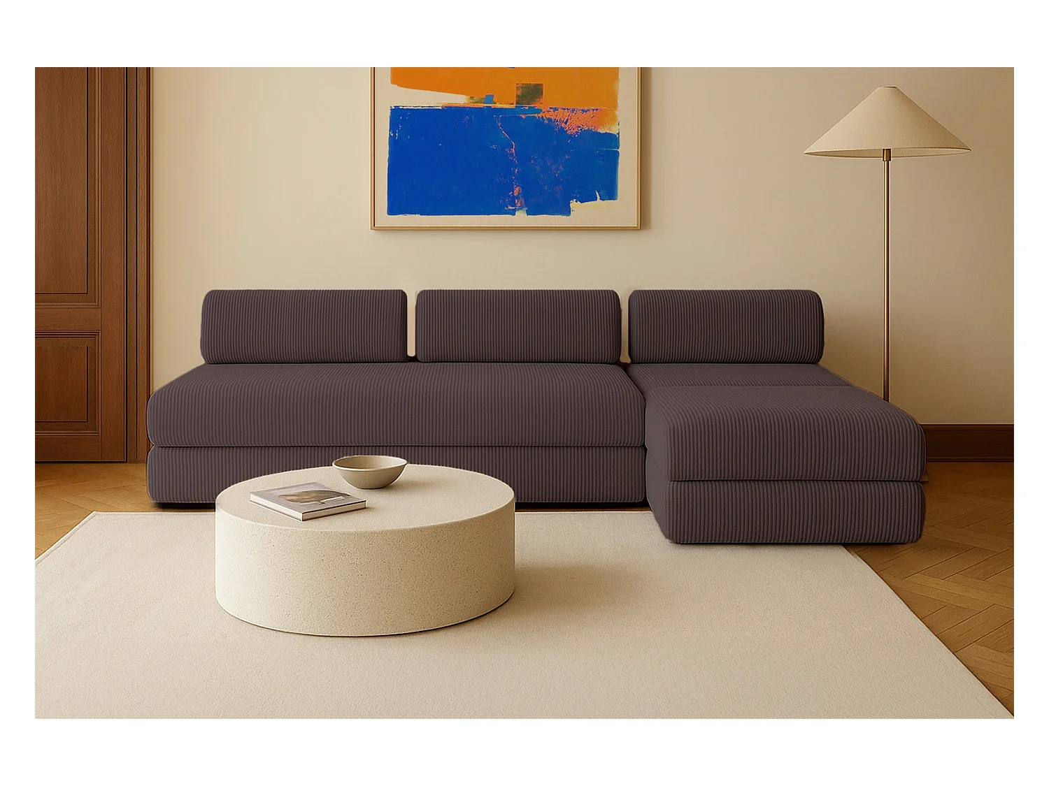 Canapé d'angle modulable et convertible 6 places - Velours côtelé - Marron