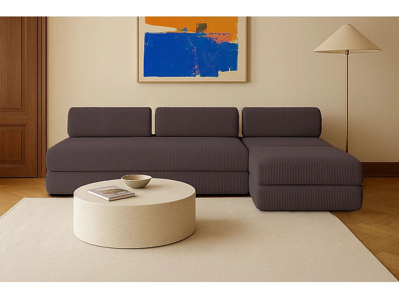 Canapé d'angle modulable et convertible 6 places - Velours côtelé - Marron