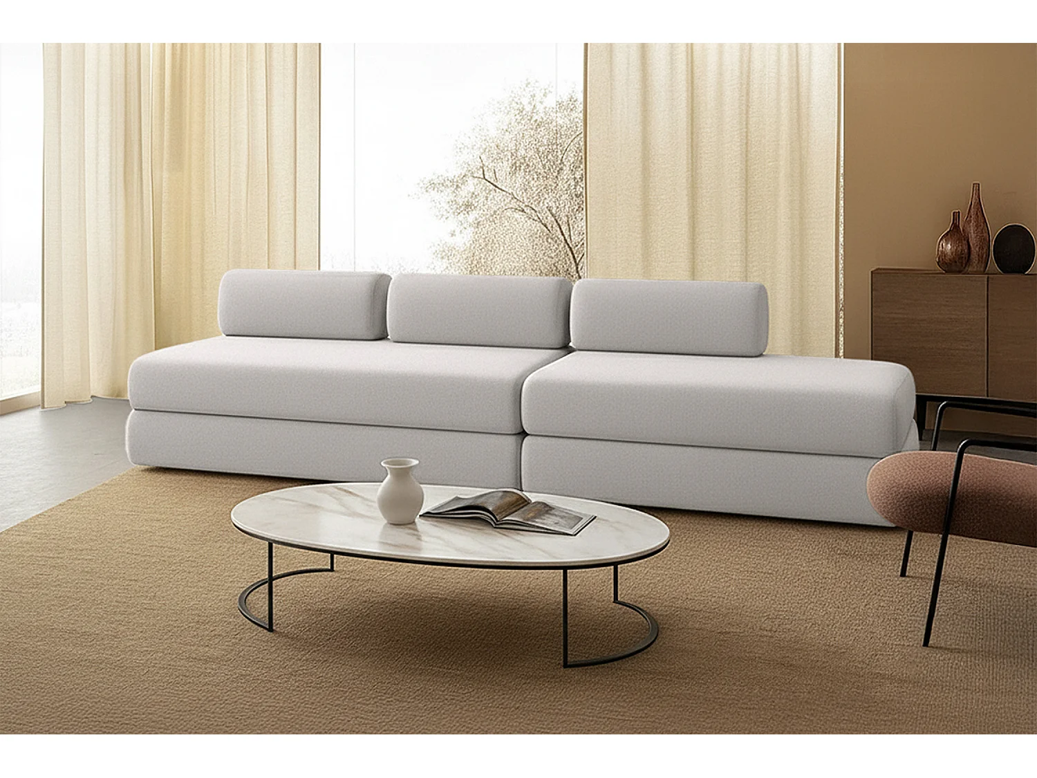 Canapé droit modulable et convertible 5 places - Tissu lisse - Gris clair