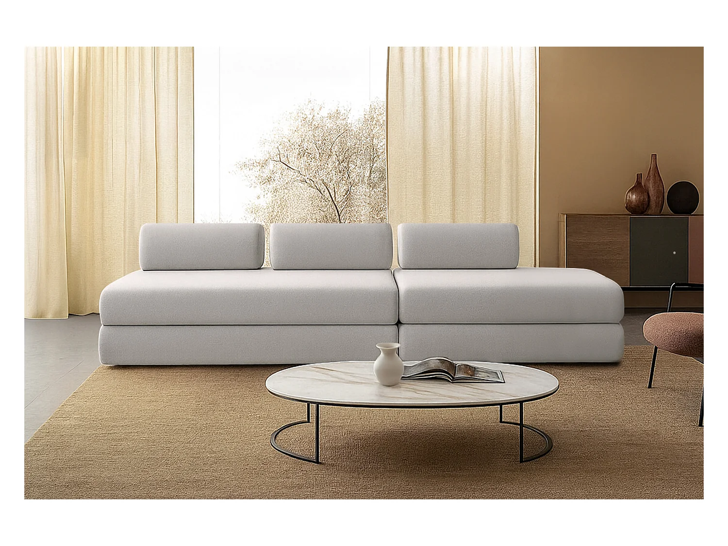 Canapé droit modulable et convertible 5 places - Tissu lisse - Gris clair