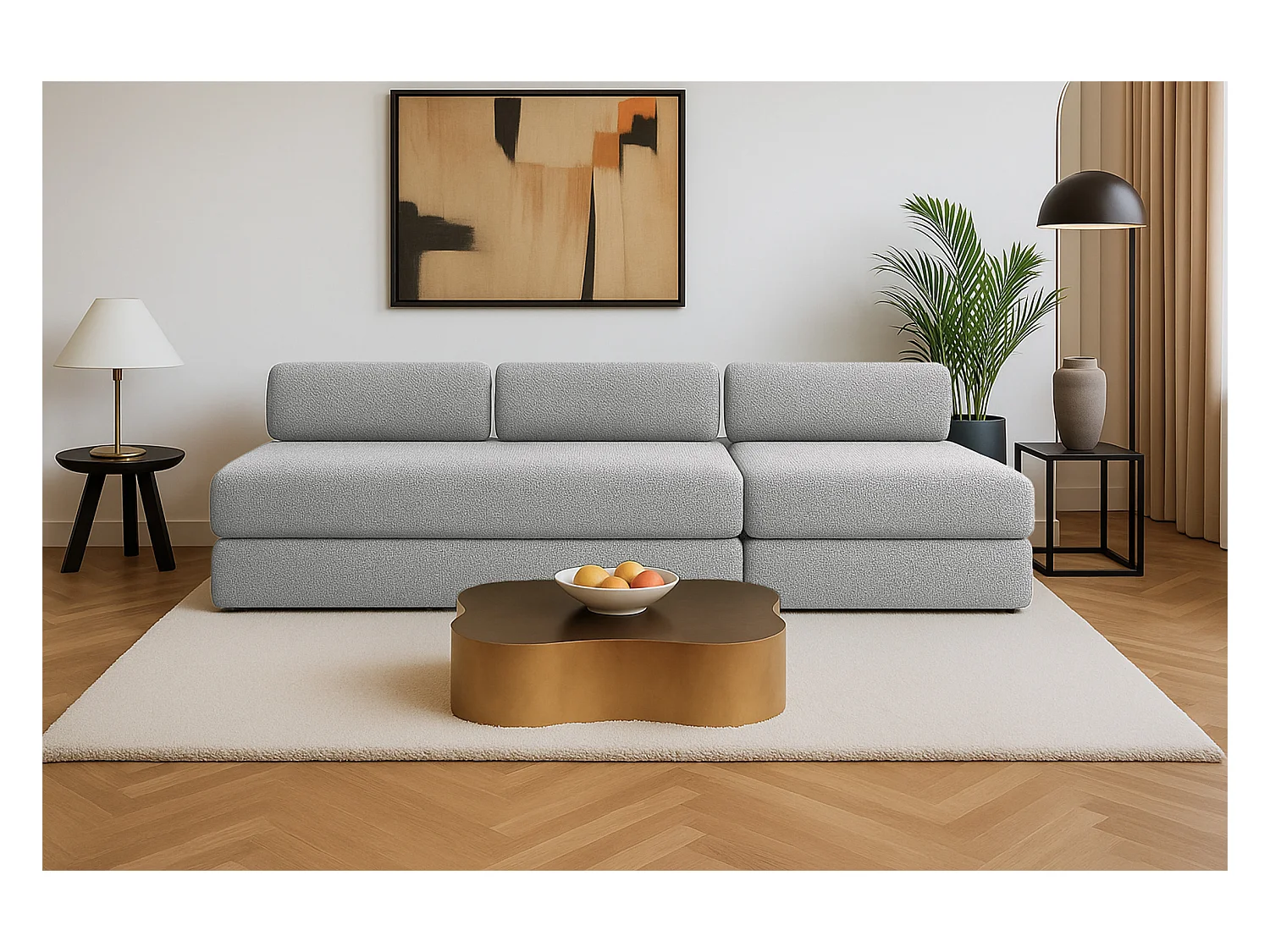 Canapé droit modulable et convertible 4 places - Tissu tweed - Gris