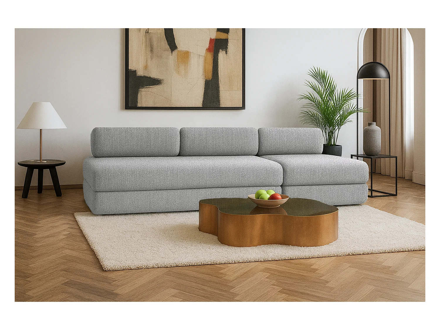 Canapé droit modulable et convertible 4 places - Tissu tweed - Gris