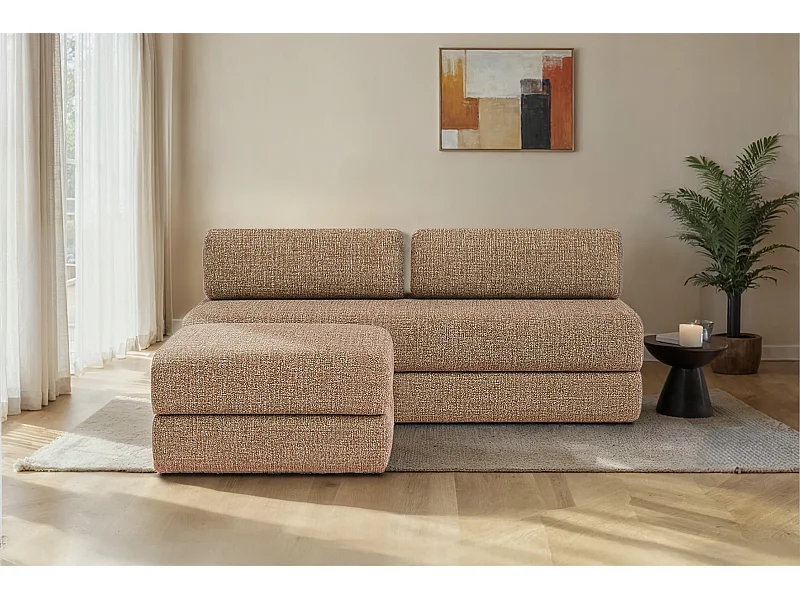 Canapé d'angle modulable et convertible 4 places - Tissu tweed - Marron