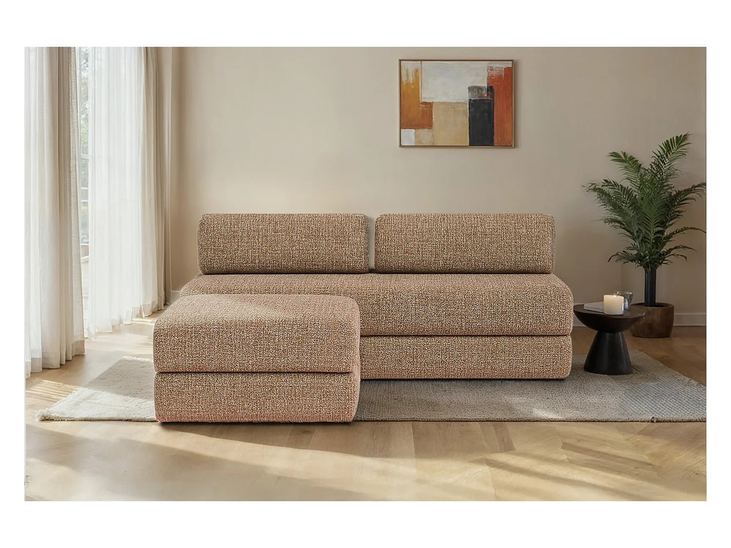 Canapé d'angle modulable et convertible 4 places - Tissu tweed - Marron