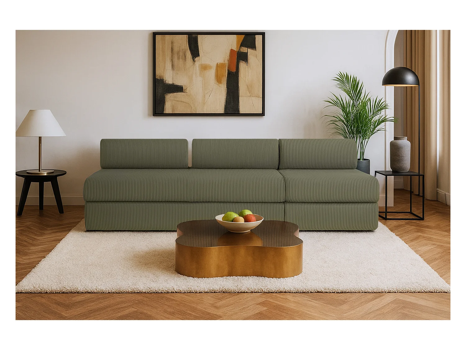 Canapé droit modulable et convertible 4 places - Velours côtelé - Vert