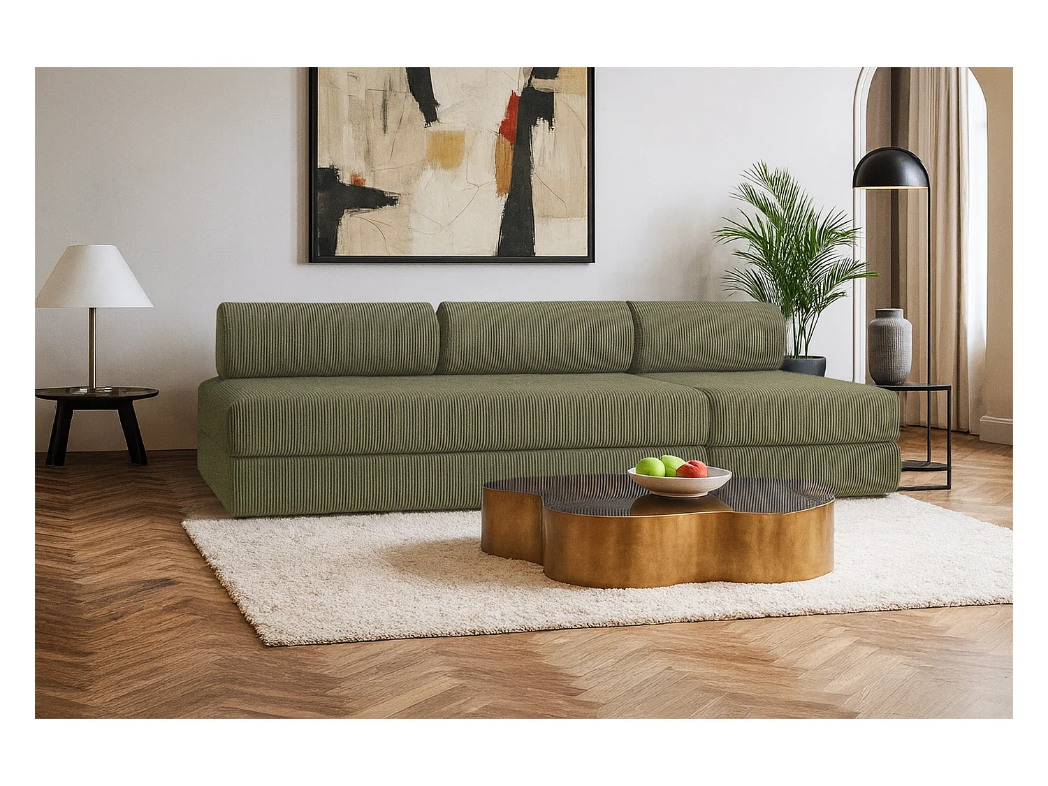 Canapé droit modulable et convertible 4 places - Velours côtelé - Vert