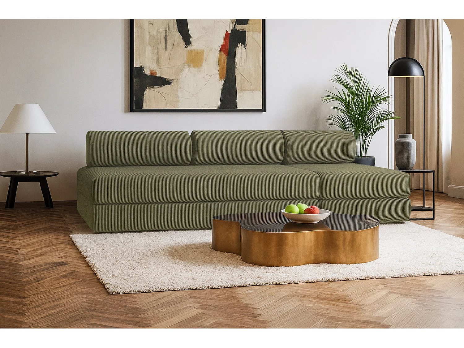 Canapé droit modulable et convertible 4 places - Velours côtelé - Vert