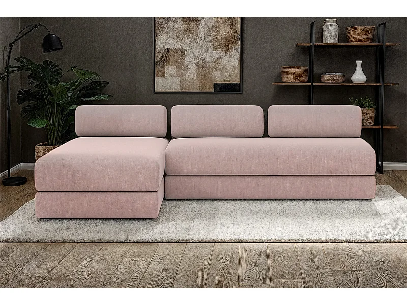 Canapé d'angle modulable et convertible 6 places - Tissu lisse - Rose