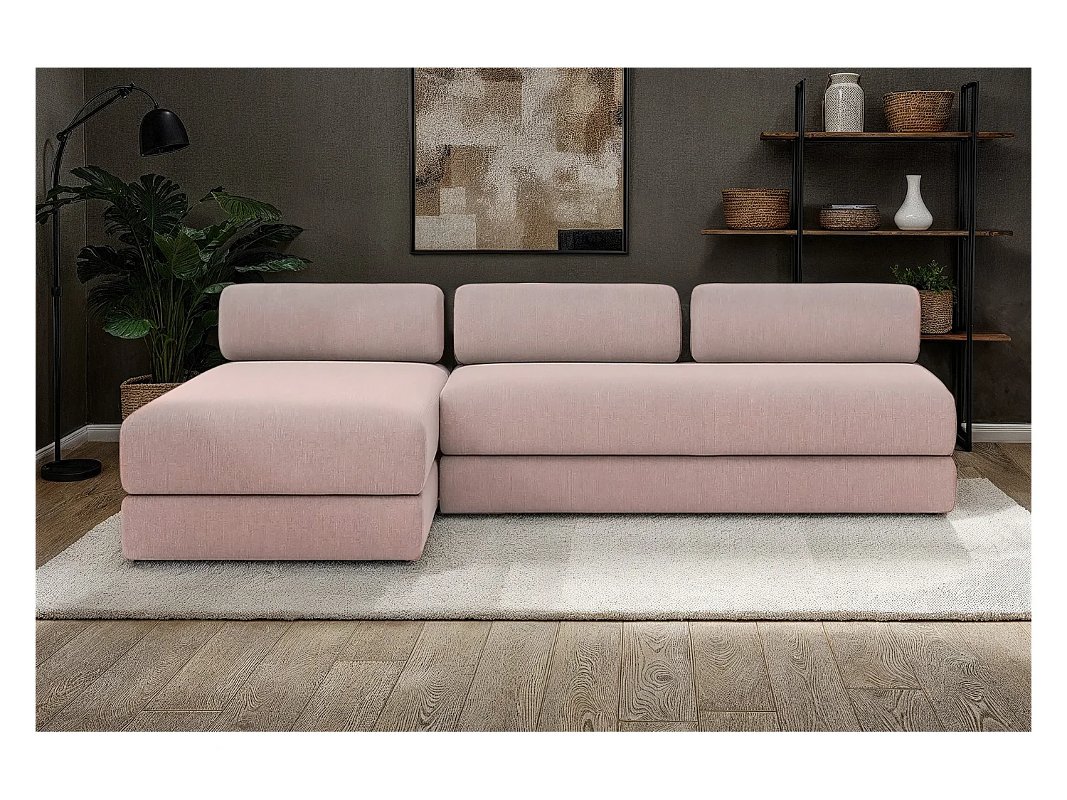 Canapé d'angle modulable et convertible 6 places - Tissu lisse - Rose