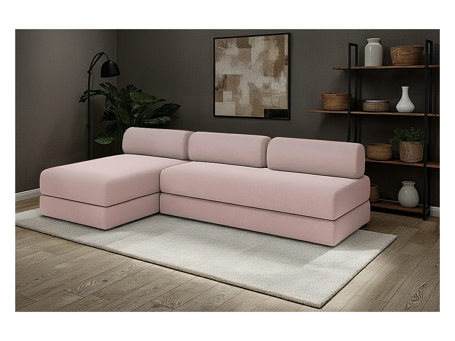 Canapé d'angle modulable et convertible 6 places - Tissu lisse - Rose