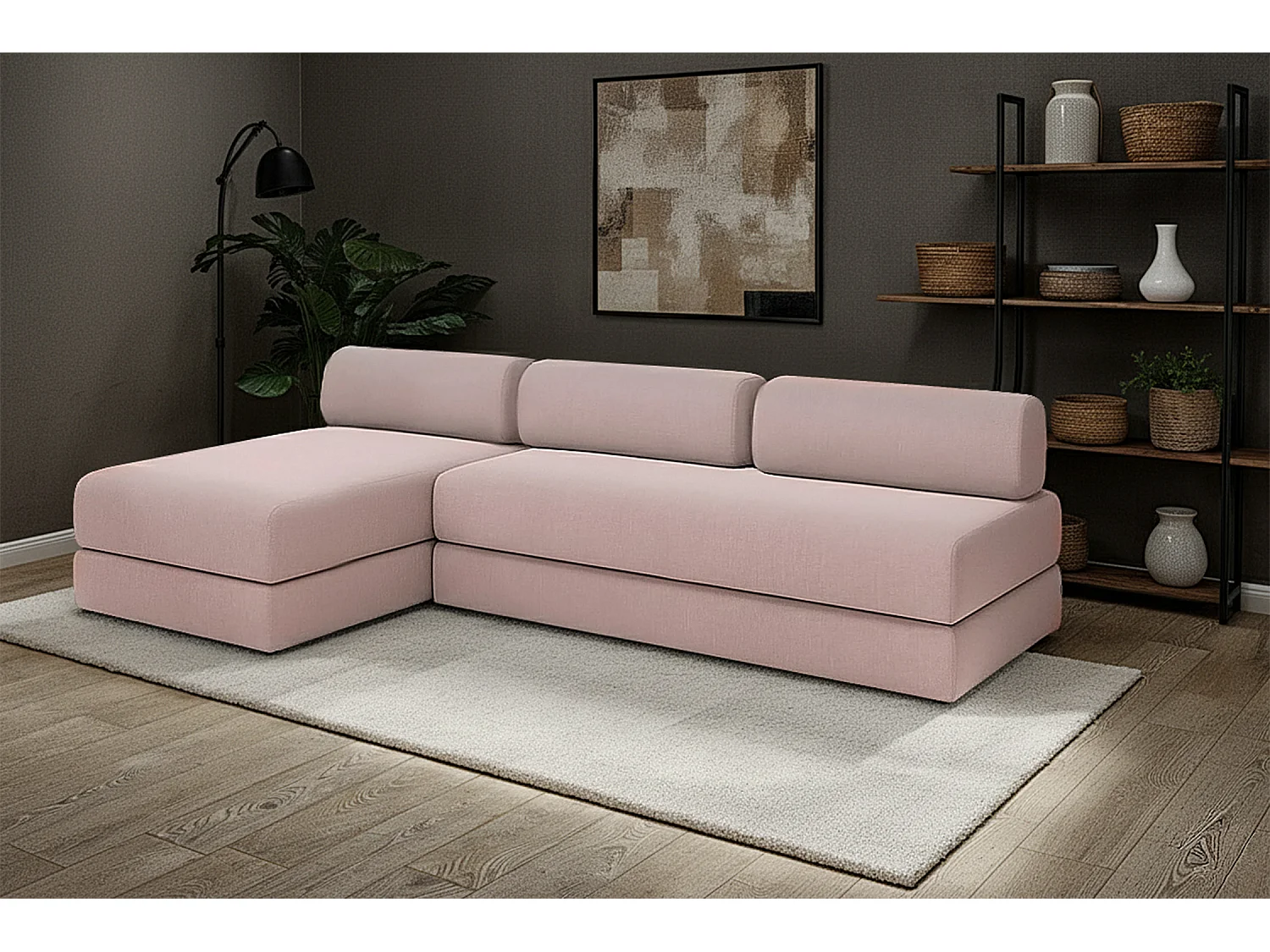 Canapé d'angle modulable et convertible 6 places - Tissu lisse - Rose