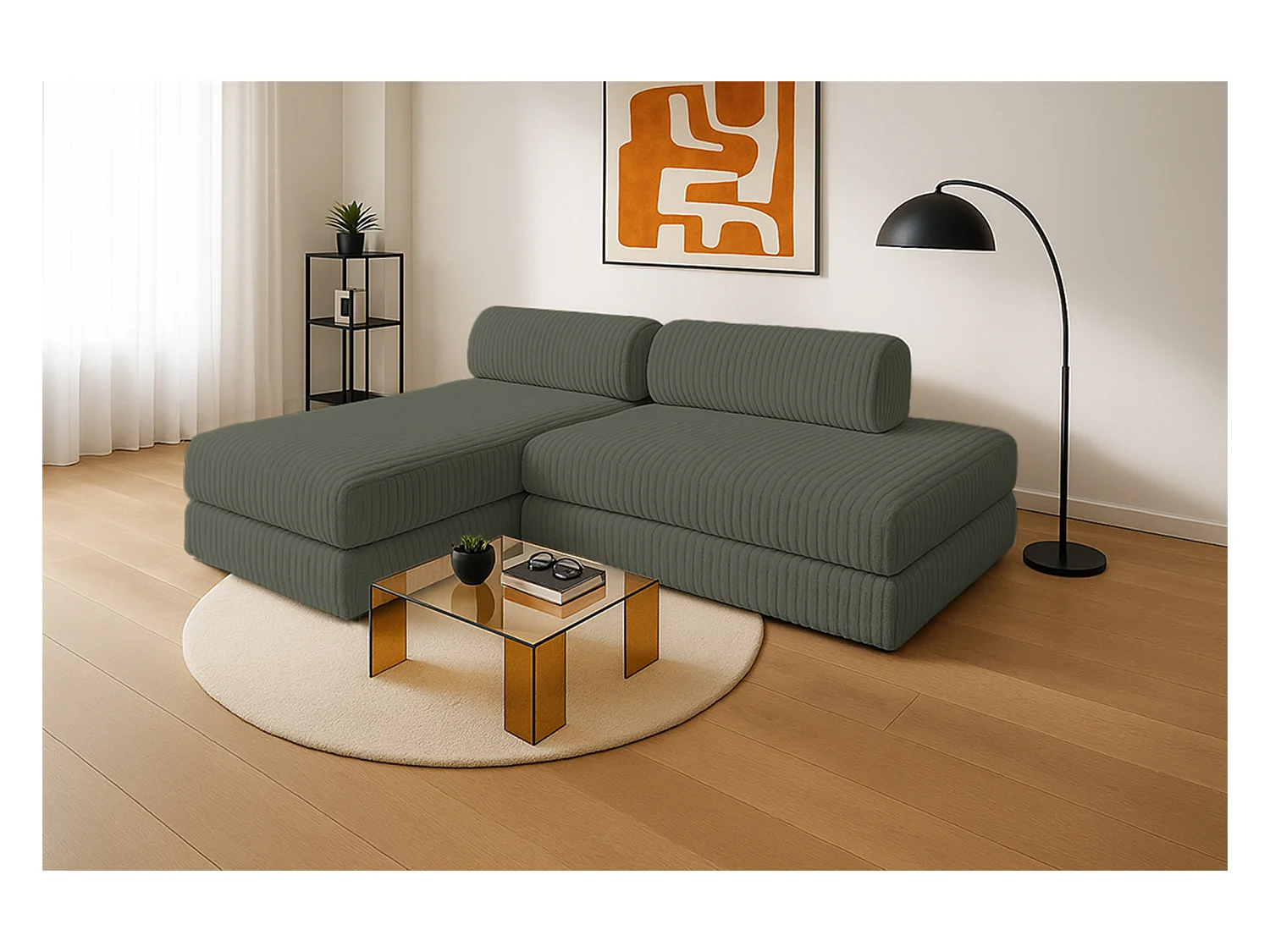 Canapé d'angle modulable et convertible 5 places - Velours côtelé XL - Vert