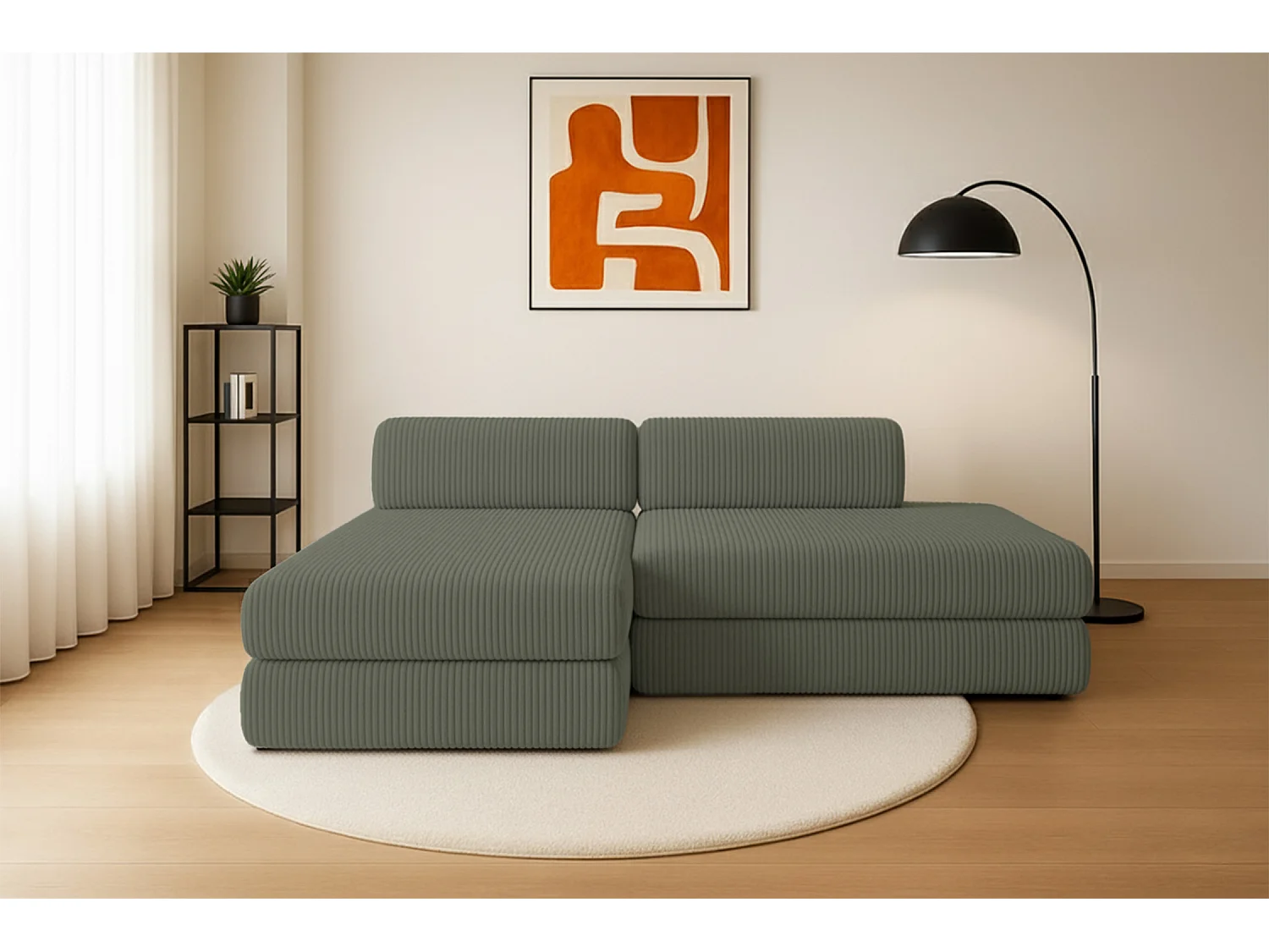 Canapé d'angle modulable et convertible 5 places - Velours côtelé XL - Vert