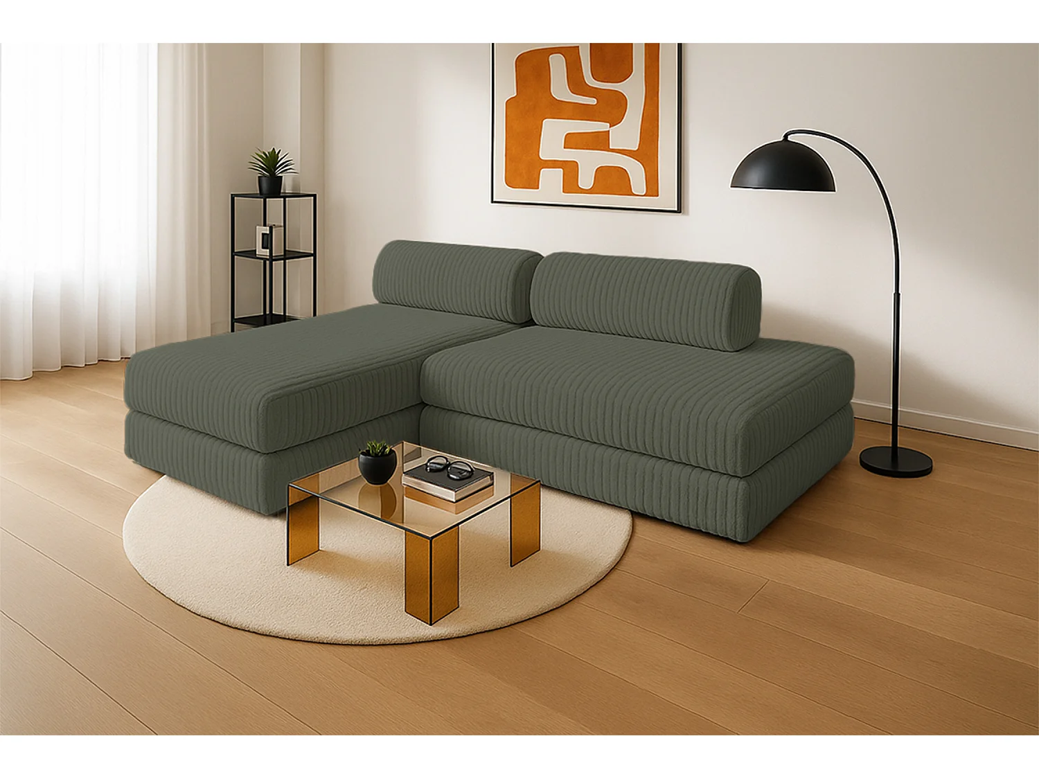 Canapé d'angle modulable et convertible 5 places - Velours côtelé XL - Vert