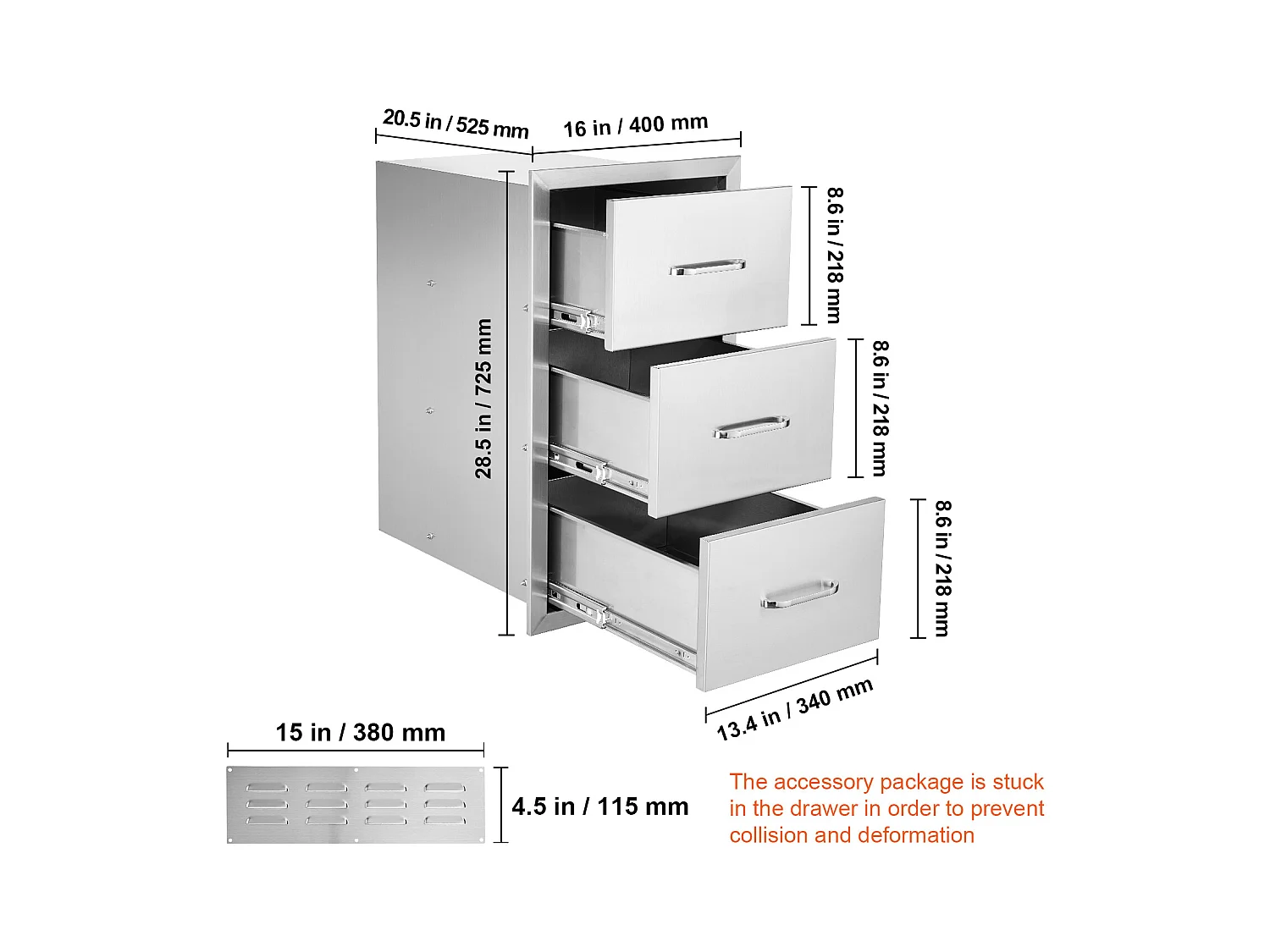 Tiroir à Triple Accès SucceBuy, à 3 Espaces de Tiroirs de Rangement en Acier Inoxydable, 40x73x53cm, pour Cuisiner à l'Extérieur Faire, Barbecue Ranger