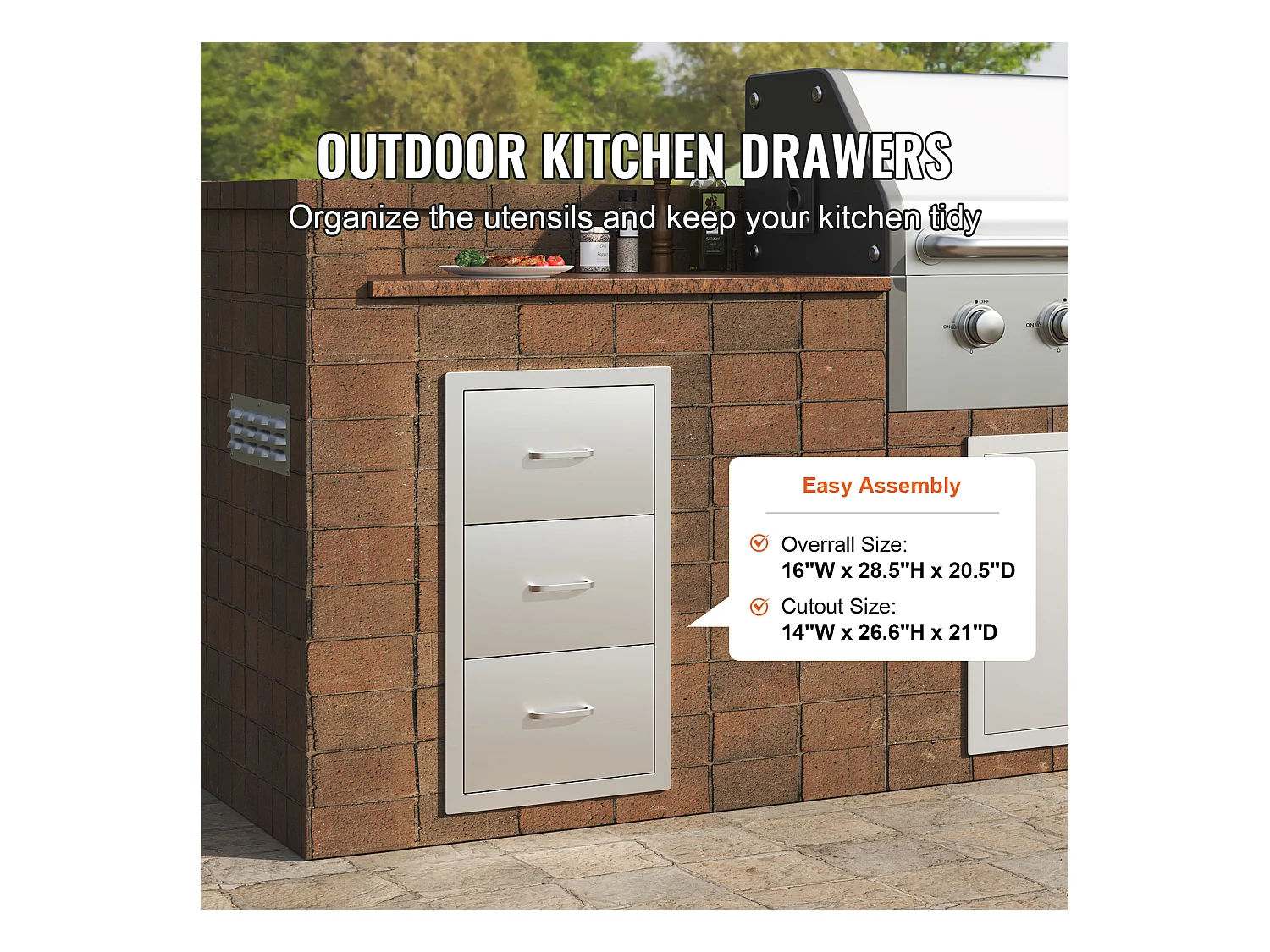 Tiroir à Triple Accès SucceBuy, à 3 Espaces de Tiroirs de Rangement en Acier Inoxydable, 40x73x53cm, pour Cuisiner à l'Extérieur Faire, Barbecue Ranger