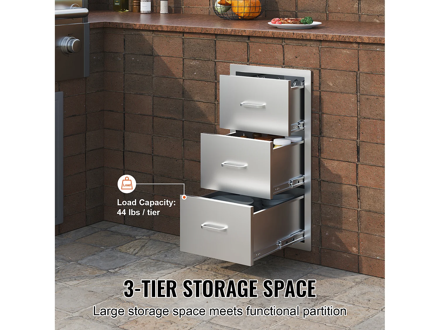 Tiroir à Triple Accès SucceBuy, à 3 Espaces de Tiroirs de Rangement en Acier Inoxydable, 40x73x53cm, pour Cuisiner à l'Extérieur Faire, Barbecue Ranger