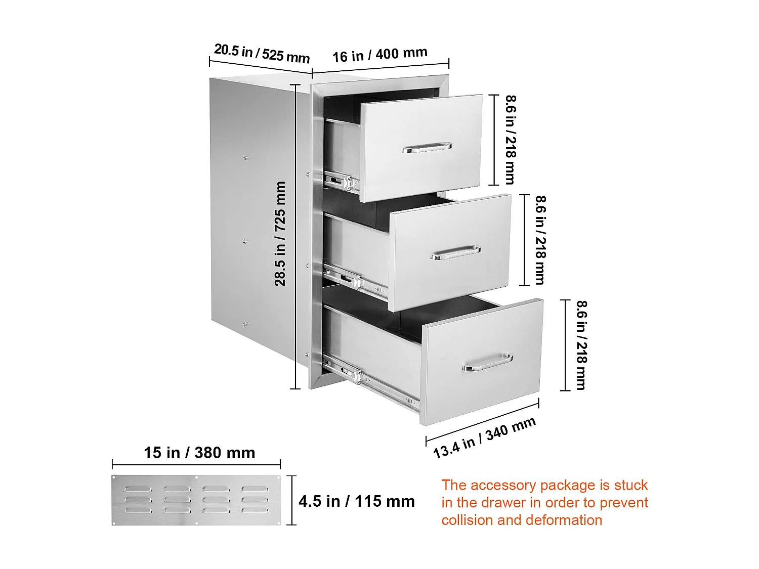Lade met Drievoudige Toegang SucceBuy, met 3 Opbergladen van Roestvrij Staal, 40 x 73 x 53 cm, voor Buiten Koken, Barbecueën, Opbergen