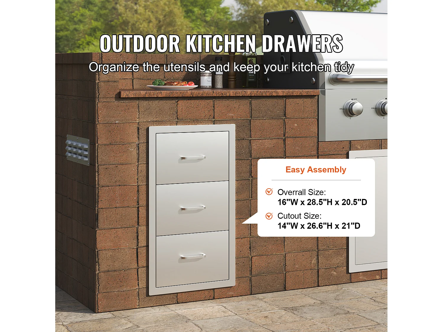 Lade met Drievoudige Toegang SucceBuy, met 3 Opbergladen van Roestvrij Staal, 40 x 73 x 53 cm, voor Buiten Koken, Barbecueën, Opbergen