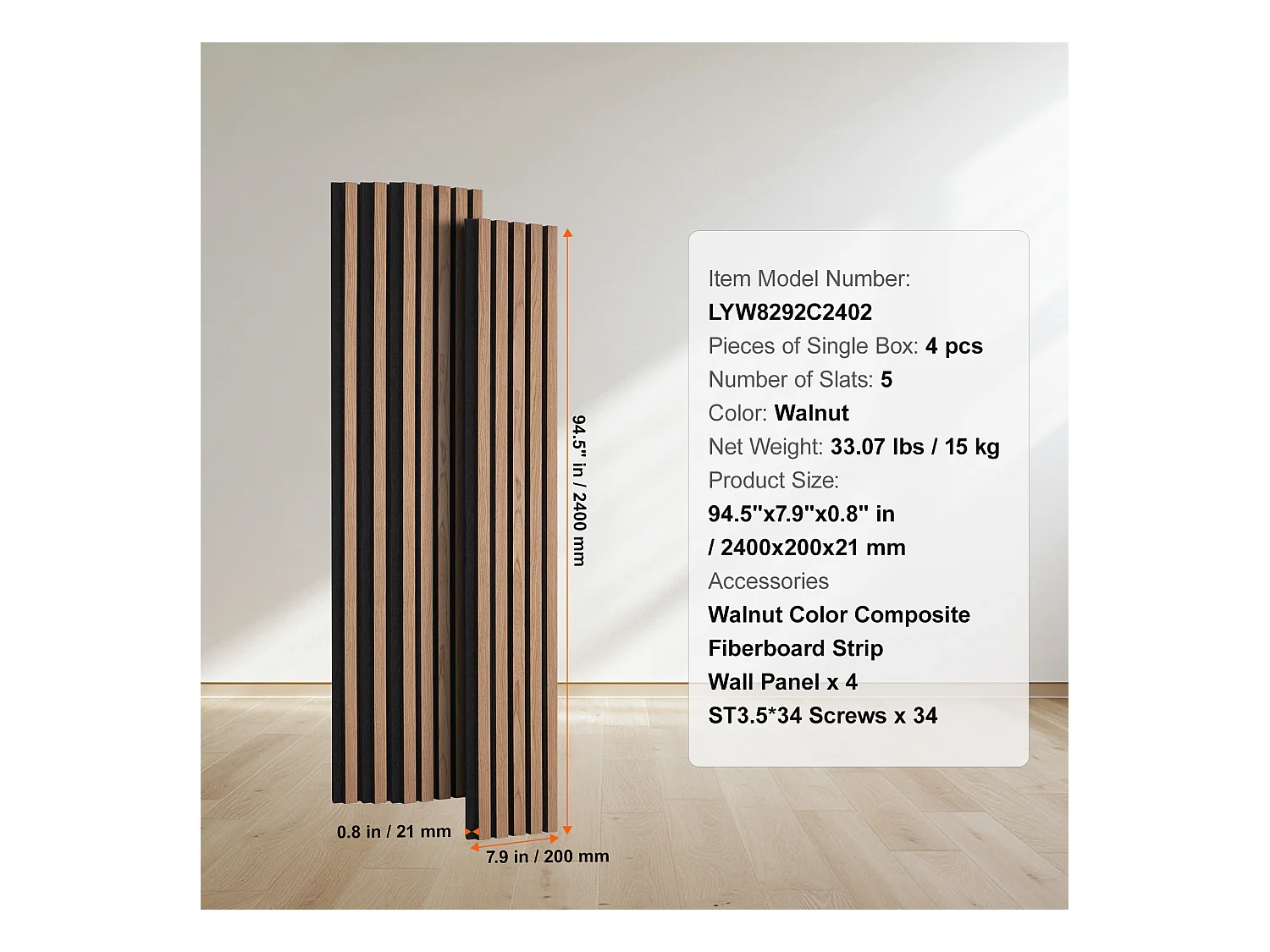 Panneaux Acoustiques à Lattes SucceBuy de Bois, 20 x 240 cm, pour Décoration Murale,  avec Indice NRC Élevé de 0,85 et une Certification Acoustique SGS, Noyer