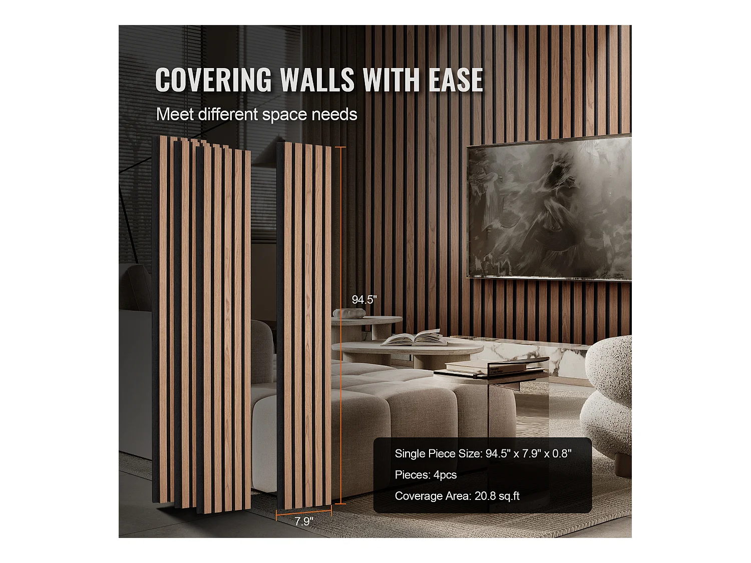 Panneaux Acoustiques à Lattes SucceBuy de Bois, 20 x 240 cm, pour Décoration Murale,  avec Indice NRC Élevé de 0,85 et une Certification Acoustique SGS, Noyer