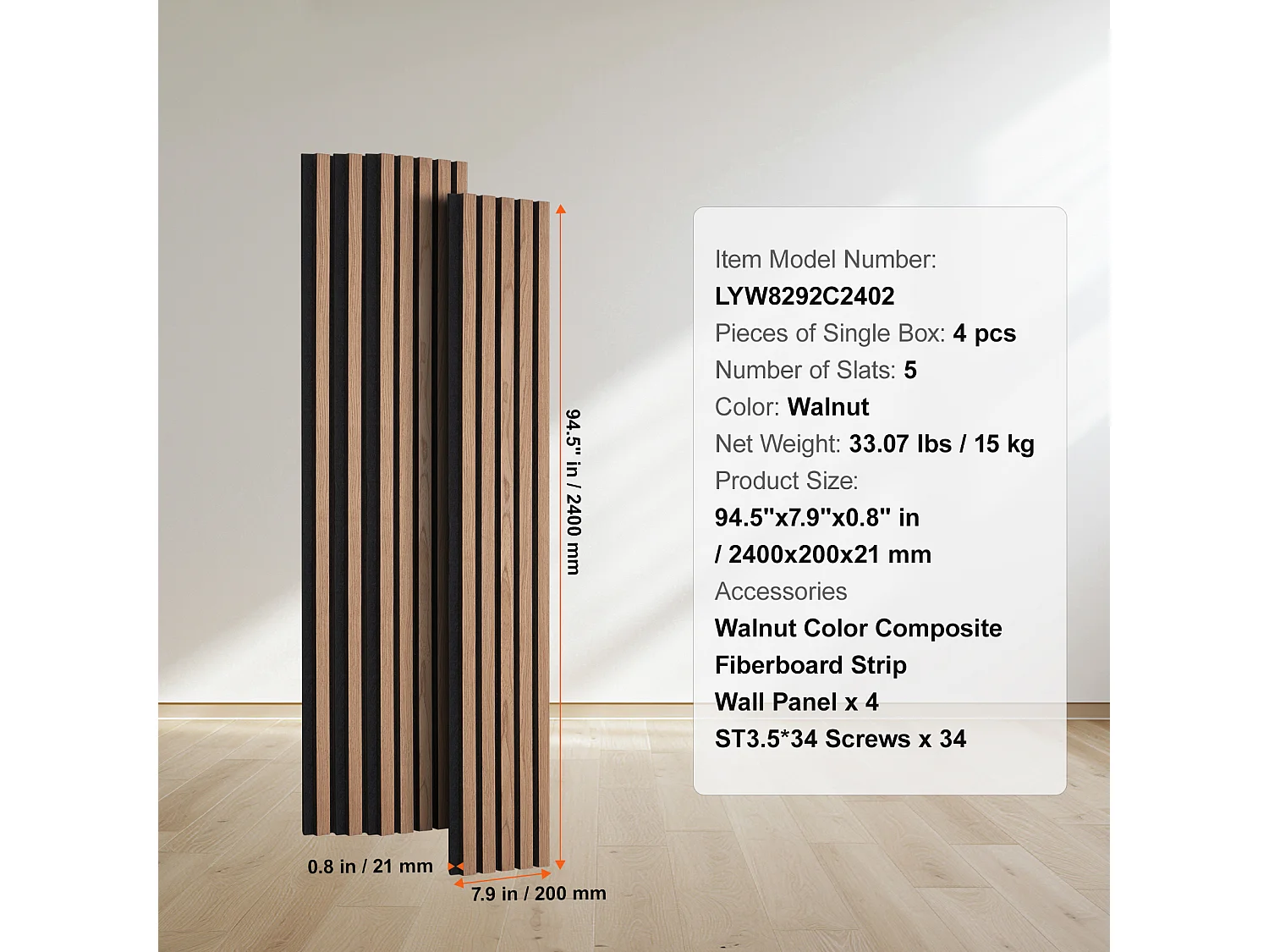 Panneaux Acoustiques à Lattes SucceBuy de Bois, 20 x 240 cm, pour Décoration Murale,  avec Indice NRC Élevé de 0,85 et une Certification Acoustique SGS, Noyer