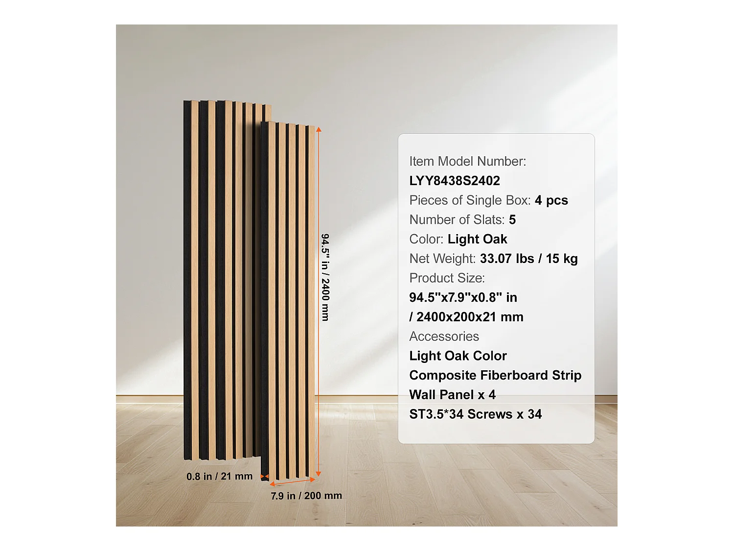 Panneaux Acoustiques à Lattes SucceBuy de Bois, 20 x 240 cm, Décoration Murale,  avec Indice NRC Élevé de 0,85 et une Certification Acoustique SGS, en Chêne Noir