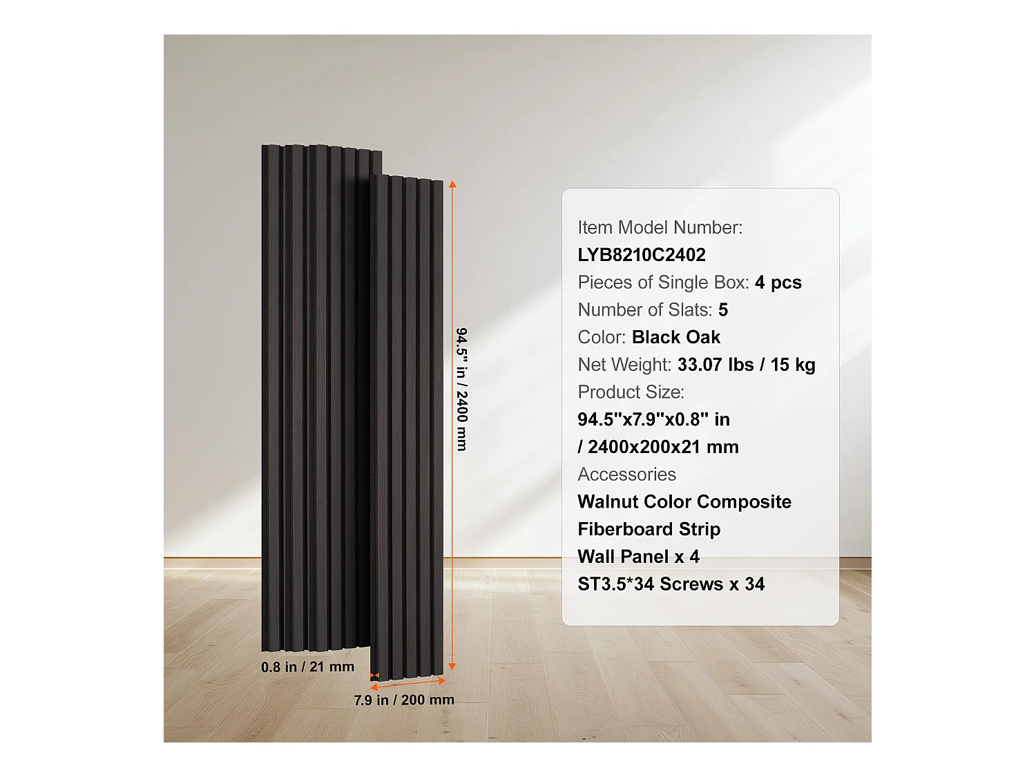 Akustik-Wandpaneele SucceBuy, 20 x 240 cm, für Wanddekoration, mit Hohem NRC-Wert von 0,85 und SGS-Akustikzertifizierung, aus Schwarzer Eiche