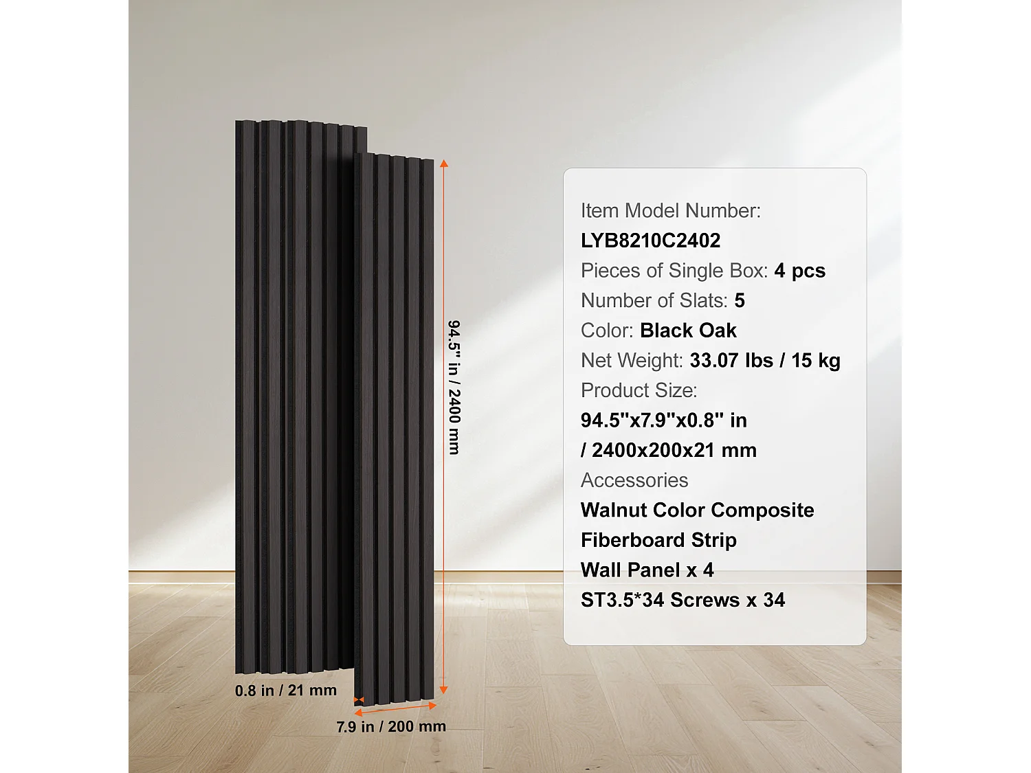 Panneaux Muraux Acoustiques SucceBuy, 20 x 240 cm, pour Décoration Murale, avec Indice NRC Élevé de 0,85 et une Certification Acoustique SGS, en Chêne Noir