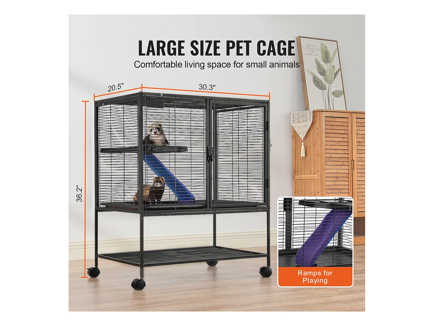 Cage à Furet SucceBuy en Métal, à 2 Niveaux avec à Roulettes de 91,4 cm avec Plateau et Rampe pour Petits Animaux