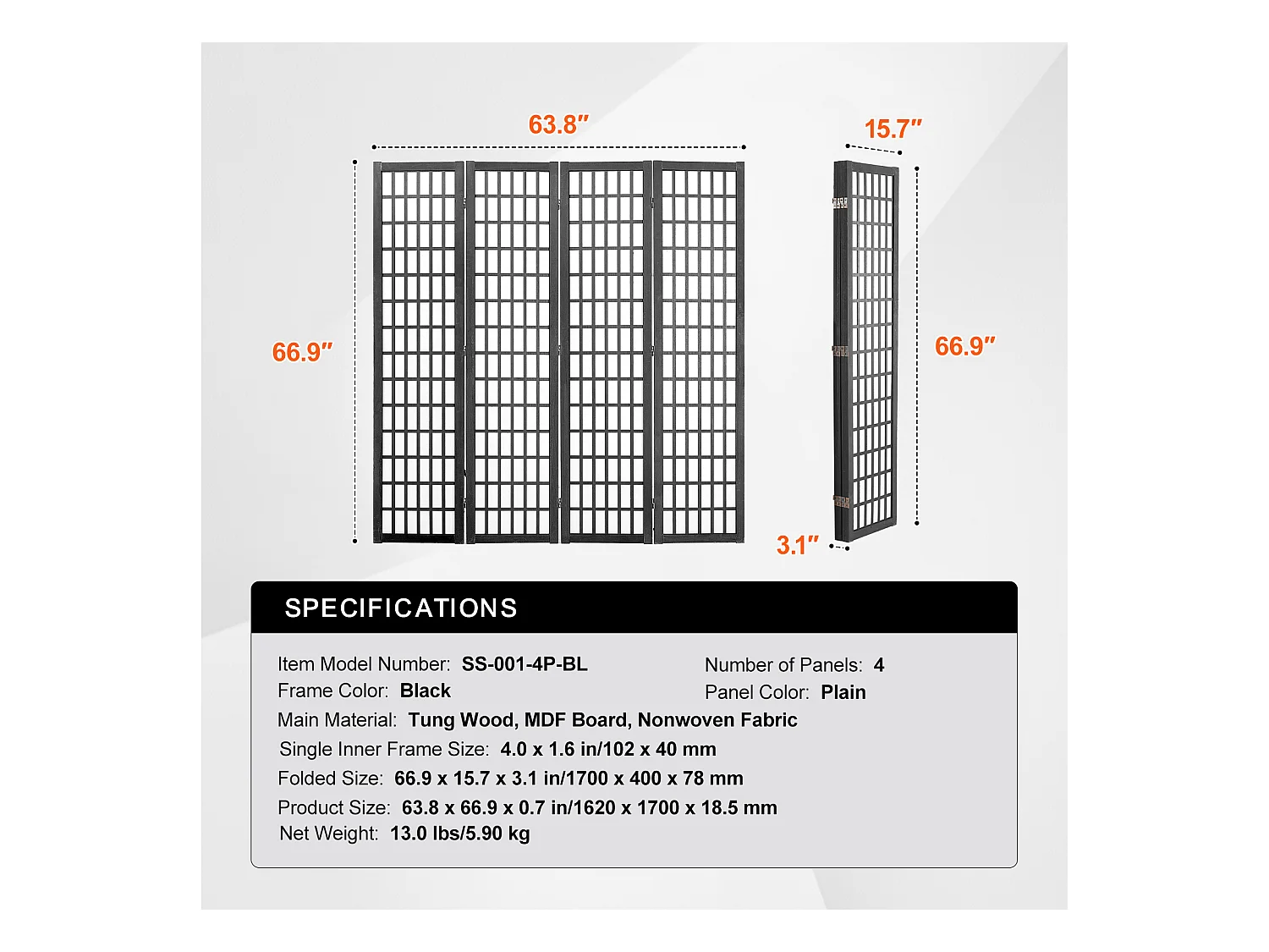 Cloison de Séparation SucceBuy, Cloison de Séparation Japonaise à 4 Panneaux, Cloison Japonaise Portable, en bois pivoter à 360°, pour Séparation de Pièce