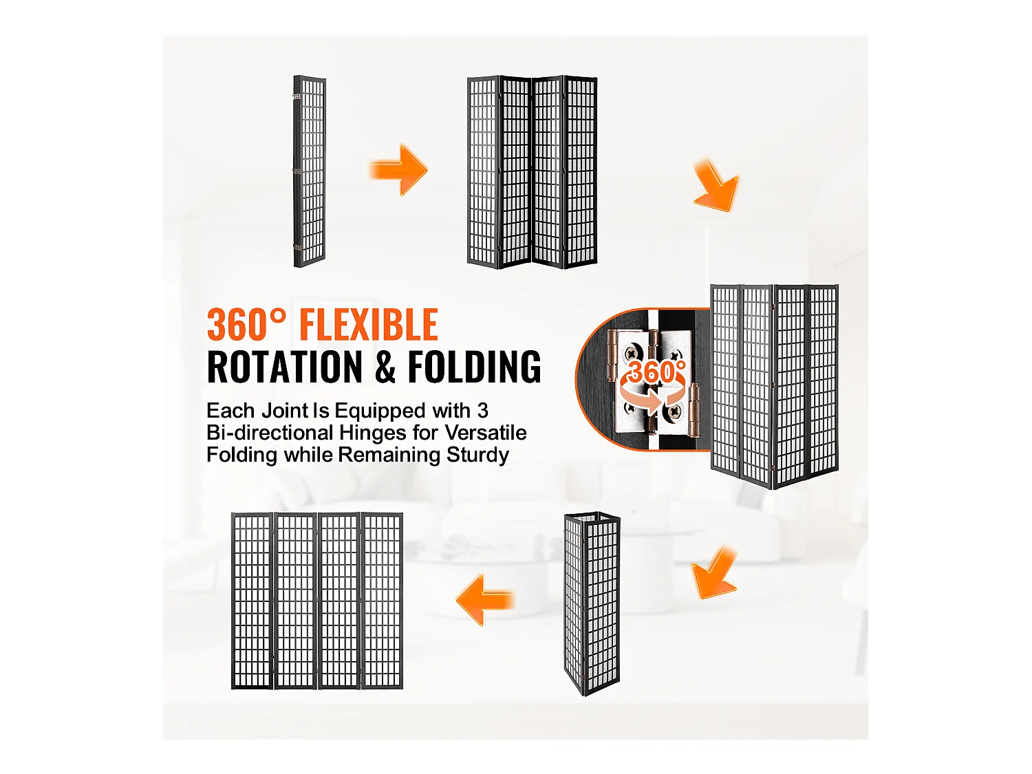 Cloison de Séparation SucceBuy, Cloison de Séparation Japonaise à 4 Panneaux, Cloison Japonaise Portable, en bois pivoter à 360°, pour Séparation de Pièce