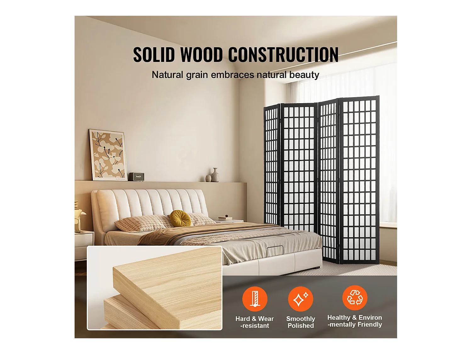 Cloison de Séparation SucceBuy, Cloison de Séparation Japonaise à 4 Panneaux, Cloison Japonaise Portable, en bois pivoter à 360°, pour Séparation de Pièce