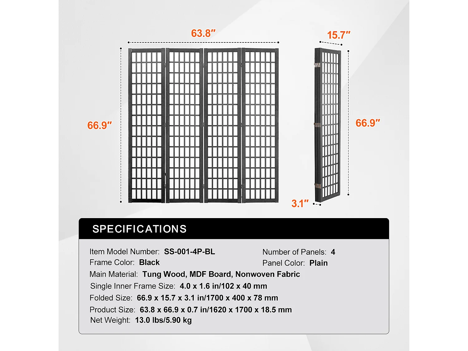 Cloison de Séparation SucceBuy, Cloison de Séparation Japonaise à 4 Panneaux, Cloison Japonaise Portable, en bois pivoter à 360°, pour Séparation de Pièce