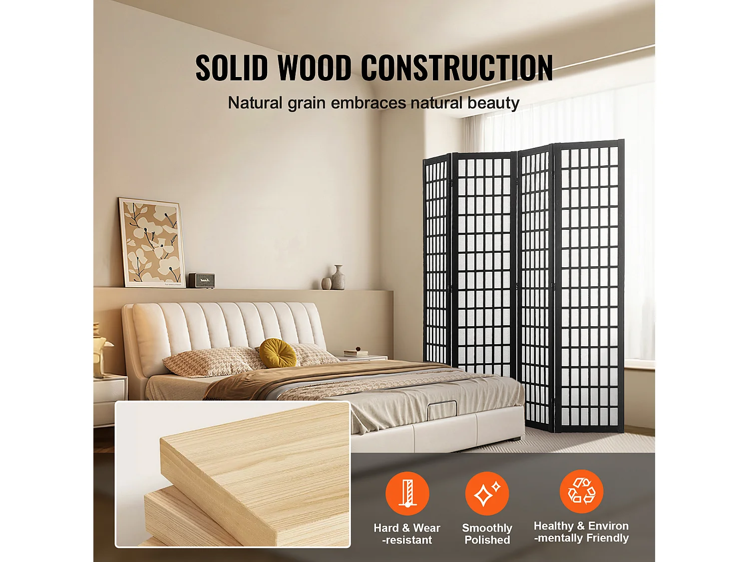 Cloison de Séparation SucceBuy, Cloison de Séparation Japonaise à 4 Panneaux, Cloison Japonaise Portable, en bois pivoter à 360°, pour Séparation de Pièce