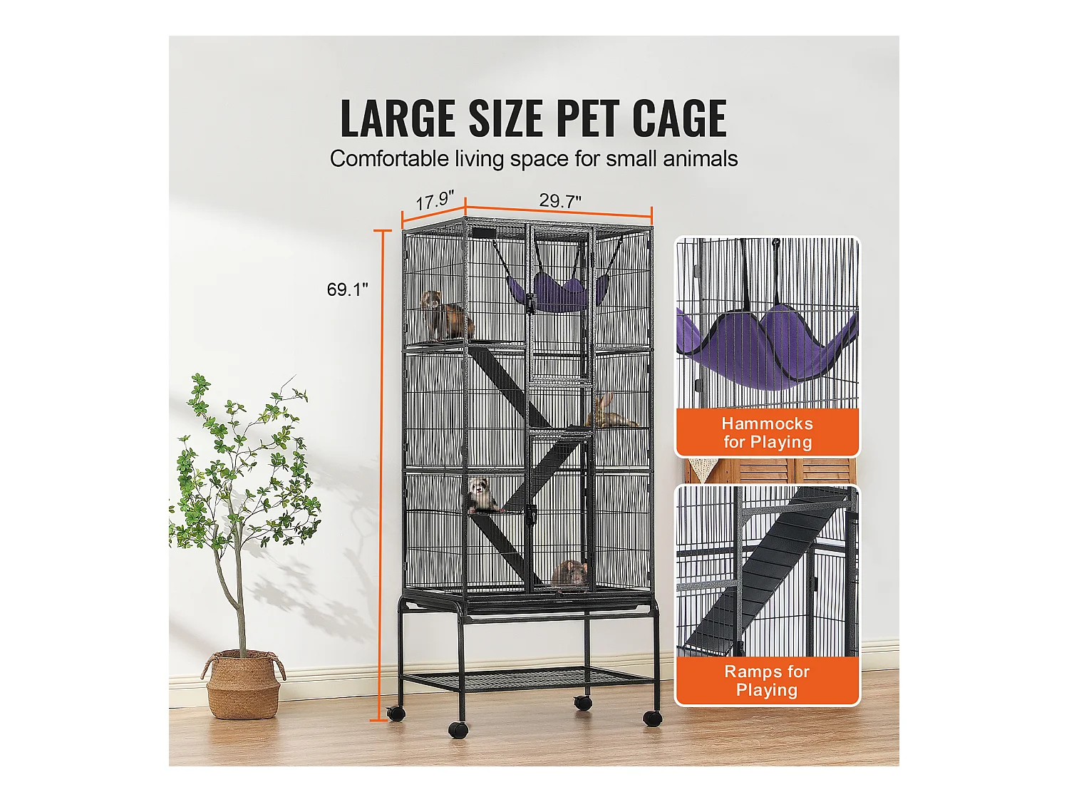 Cage à Furet SucceBuy en Métal, à 4 Niveaux de 175 cm avec Plateau et 3 Rampes pour Petits Animaux